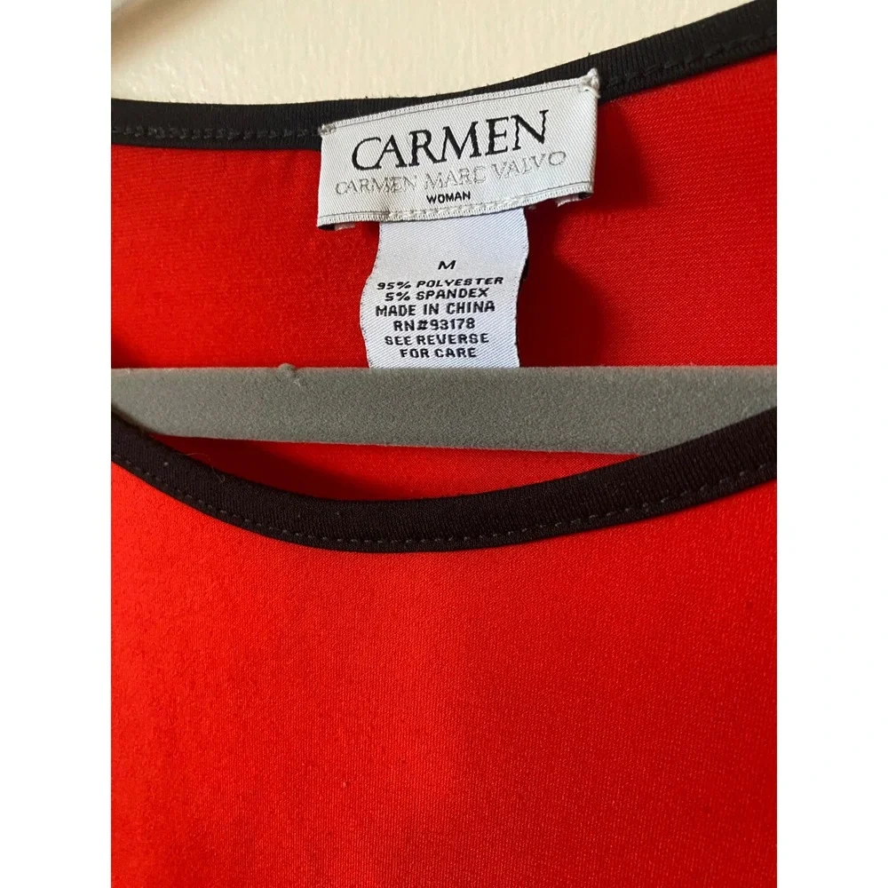 Carmen Marc Valvo‎ Red Top Women's Medium 3/4 Sleeve Black Trim - Picture 7 of 8